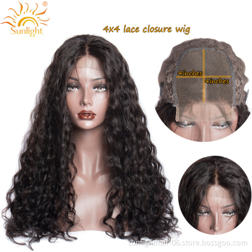 Sunlight 4x4 Closure Wig 150 Density real human hair Peruvian Water Wave Wig Glueless Remy Pre Plucked high quality Lace Wigs